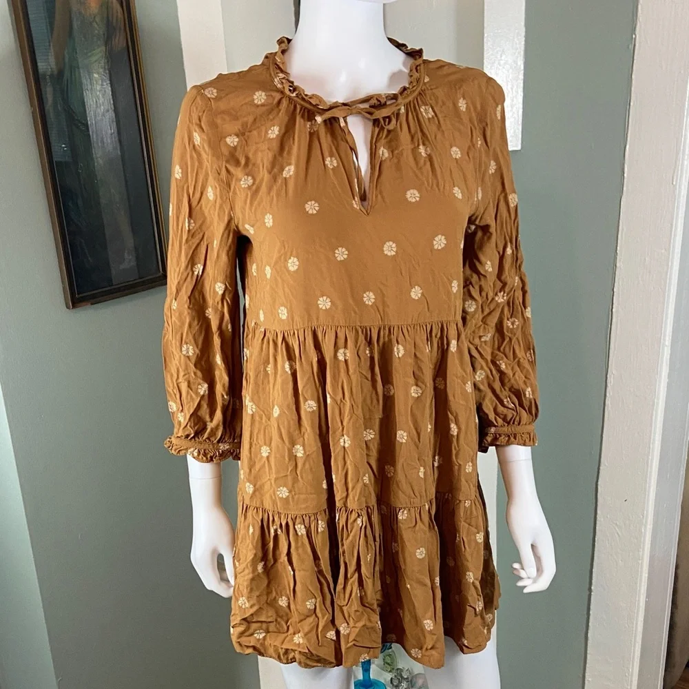 Madewell Tie-Neck Tiered Babydoll Mini Dress in Bloom Dot Floral Warm Hickory S - Picture 2 of 9